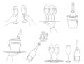 Champagne.  Set  different options  bottles  champagne and  glass in hand Royalty Free Stock Photo